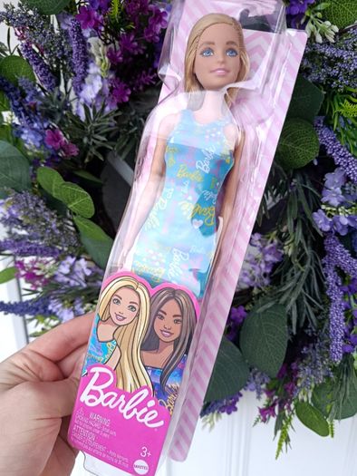 Barbie Doll 2022 Blonde Blue Logo Print Dress HGM59 (Asst GBK92) Mattel New