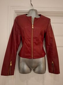 Oxana Wine Collarless Soft Faux Leather Jacket - Size M (UK10)
