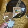 Semi-flush antique brass ceiling  light fitting with 3 frosted glass shades. Image 4