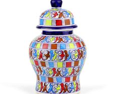 Multi Color Handmade and Hand Painted Large Ceramic Jar with Lid, Chinese Style Jar | Warehouse Clearance | Massive Discount | Bargain prices