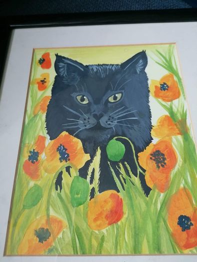 Poppy Field Feline Original Watercolour Painting