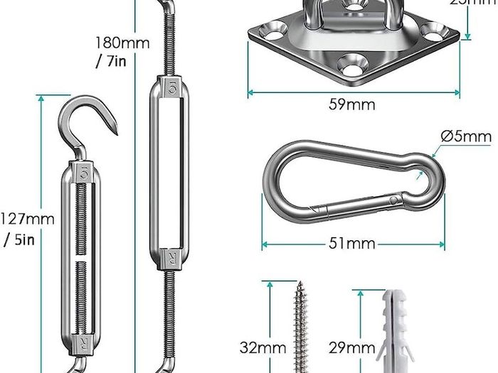 Sun Shade Sail Fixing Kit - Sail Shade Hardware Kit 304 Stainless Steel, Sun Shade Sail Hardware Kit for Garden Rectangle/Square, Heavy Duty Sun Sail Hardware Kit Installation 40 Pcs (FREE SHIPPING)