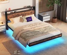 Floating Bed Frame Double Size with Charging Station and LED Lights