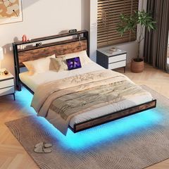 Floating Bed Frame Double Size with Charging Station and LED Lights