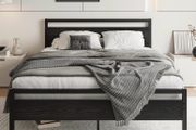 King Size Bed Frame with Wooden Headboard,Black Metal Bed