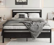 King Size Bed Frame with Wooden Headboard,Black Metal Bed