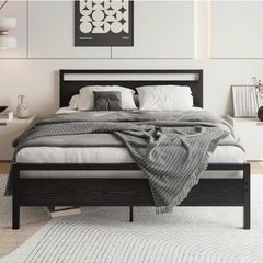 King Size Bed Frame with Wooden Headboard,Black Metal Bed