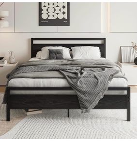 King Size Bed Frame with Wooden Headboard,Black Metal Bed