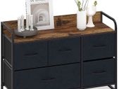 _Chest of Drawers with 5 Drawers Suede Fabric Cabinet Low Sideboard Vintage Highboard Metal Cabinets Organiser TV Cabinet Small Kitchen Bedroom Office Living Room Black + Grey Wood + Steel
