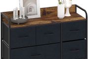 _Chest of Drawers with 5 Drawers Suede Fabric Cabinet Low Sideboard Vintage Highboard Metal Cabinets Organiser TV Cabinet Small Kitchen Bedroom Office Living Room Black + Grey Wood + Steel