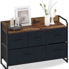 _Chest of Drawers with 5 Drawers Suede Fabric Cabinet Low Sideboard Vintage Highboard Metal Cabinets Organiser TV Cabinet Small Kitchen Bedroom Office Living Room Black + Grey Wood + Steel