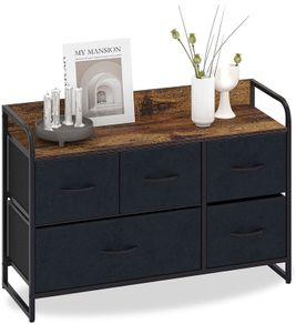 _Chest of Drawers with 5 Drawers Suede Fabric Cabinet Low Sideboard Vintage Highboard Metal Cabinets Organiser TV Cabinet Small Kitchen Bedroom Office Living Room Black + Grey Wood + Steel