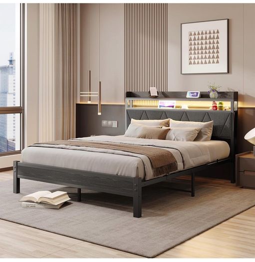 Charging Station,LED Lights, 150x200 cm Heavy Duty Metal Platform Bed Kingsize