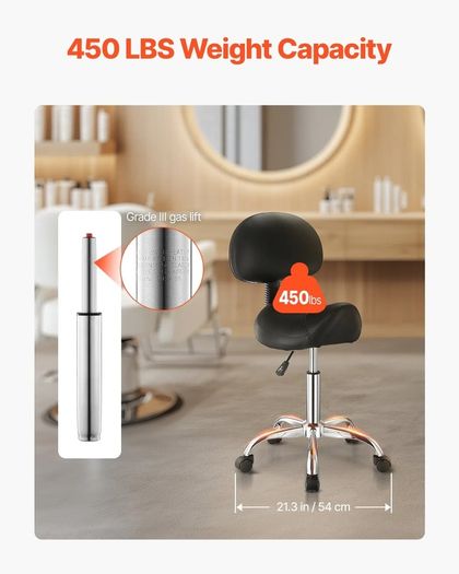 450LBS Saddle Stool with Back Support Rolling Adjustable PU Leather Salon Chair