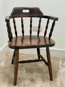 Vintage Dark Wood Captains Armchair / Smokers Desk Chair - Turned Spindle Back