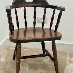 Vintage Dark Wood Captains Armchair / Smokers Desk Chair - Turned Spindle Back