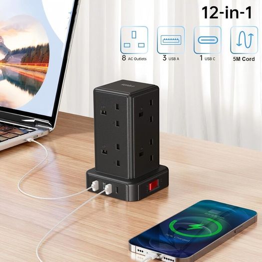 Tower Extension Lead with 8 Way Multi Plug Extension Tower & 4 USB Ports (13A),Mini Power Strip with Switch, 5M Extension Cable Surge Protection Extension Lead for Home, Kitchen,Office