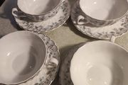 Rare find 8 pieces set Johnson Brothers Ironstone Snow White, Pattern 1H2, Vintage Set Of 4 soup bowls and soup saucers Swirl Edge, Platinum Trim