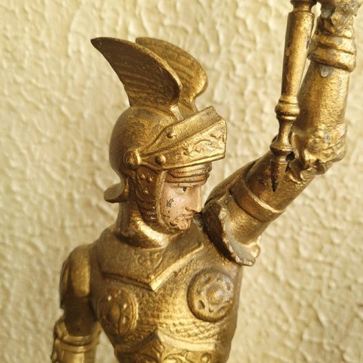 Antique pair of painted & gilded knights in armour candleholders