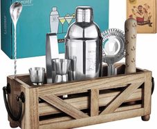 Bartender Kit Cocktail Shaker Set with Stand 11-Piece Cocktail Set with Rustic Tray for Mixed Drinks, Home Bar Decor Housewarming Gift Bartender Tools