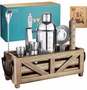 Bartender Kit Cocktail Shaker Set with Stand 11-Piece Cocktail Set with Rustic Tray for Mixed Drinks, Home Bar Decor Housewarming Gift Bartender Tools