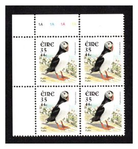 2001 Ireland 35p/44c Puffin Dual-value Bird Definitive Stamp Plate Block 1A1A1A1A Mint Never Hinged (MNH)