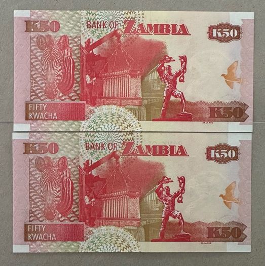 Zambia 2x50 Kwacha 2008 Unc Consecutive Banknotes