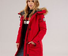 Womens Jacobs Faux Fur Parka Coat Red