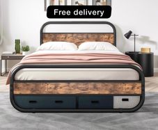 King Size Bed Metal Platform Bed Frame with Wood Headboard