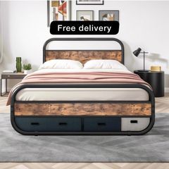 King Size Bed Metal Platform Bed Frame with Wood Headboard