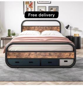 King Size Bed Metal Platform Bed Frame with Wood Headboard