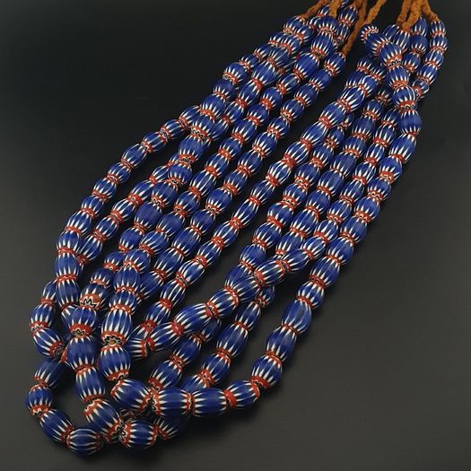 Antique Venetian Style Blue Chevron Glass Beads Necklace Strands