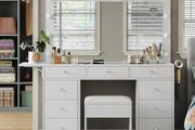 Vanity Desk with Power Outlet, 9 Drawers Makeup Vanity with Mirror and 12 LED Lights, 3 Lighting Modes, Glass Top Vanity Set, Fold-up Panel, Dressing Table for Bedroom, White