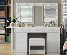 Vanity Desk with Power Outlet, 9 Drawers Makeup Vanity with Mirror and 12 LED Lights, 3 Lighting Modes, Glass Top Vanity Set, Fold-up Panel, Dressing Table for Bedroom, White