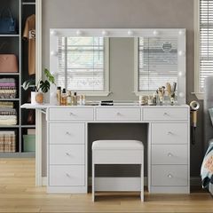 Vanity Desk with Power Outlet, 9 Drawers Makeup Vanity with Mirror and 12 LED Lights, 3 Lighting Modes, Glass Top Vanity Set, Fold-up Panel, Dressing Table for Bedroom, White