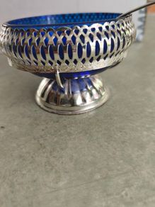 Vintage  Silver Plated Jam/Sugar Holder Blue Dish w/Spoon