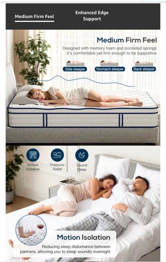 King Mattress, Memory Foam 7-Zone Pocket Spring hybrid Mattress 150x200x25cm, Medium Firm Feel for Pressure & Back Pain Relief, Motion Isolation, Mattress In a Box