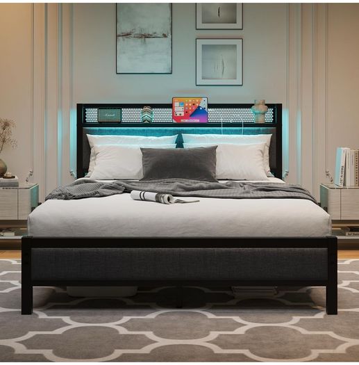 5ft Upholstered Bed Frame Kingsize with Charging Station/USB Ports and LED Lights