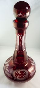 Bohemian Ruby Red Cut-to-Clear Glass Decanter. Etched Stag, Bird & Ferns. 36.5cm (14.4 inches). Ball Stopper