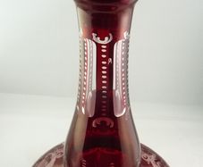 Bohemian Ruby Red Cut-to-Clear Glass Decanter. Etched Stag, Bird & Ferns. 36.5cm (14.4 inches). Ball Stopper