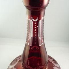Bohemian Ruby Red Cut-to-Clear Glass Decanter. Etched Stag, Bird & Ferns. 36.5cm (14.4 inches). Ball Stopper