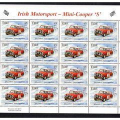2001 Ireland Irish Motorsport 45p/57c Mini Cooper S Commemorative Stamp Sheetlet Plate 1B1B1B1B Mint Never Hinged (MNH)