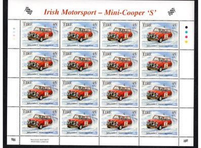 2001 Ireland Irish Motorsport 45p/57c Mini Cooper S Commemorative Stamp Sheetlet Plate 1B1B1B1B Mint Never Hinged (MNH)