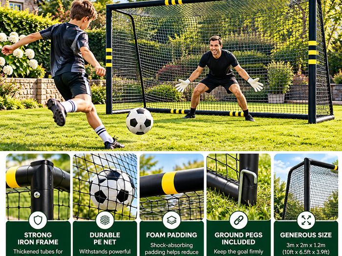 Football Goal 3m x 2m Heavy Duty Garden Soccer Goal with Steel Frame Net and Ground Pegs
