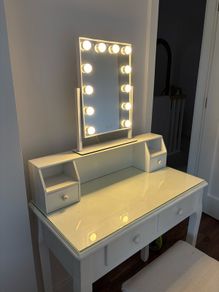 Beautiful White Makeup Table with Hollywood Style Glam Mirror
