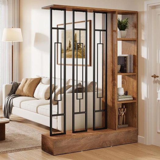 120cm Modern Wood & Metal Room Divider with Shelves, Freestanding Privacy Screen, Brown & Black, for Living Room, Office & Entryway