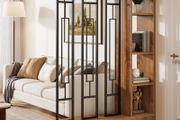 120cm Modern Wood &amp; Metal Room Divider with Shelves, Freestanding Privacy Screen, Brown &amp; Black, for Living Room, Office &amp; Entryway