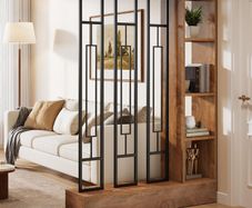120cm Modern Wood & Metal Room Divider with Shelves, Freestanding Privacy Screen, Brown & Black, for Living Room, Office & Entryway