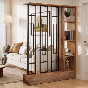 120cm Modern Wood & Metal Room Divider with Shelves, Freestanding Privacy Screen, Brown & Black, for Living Room, Office & Entryway