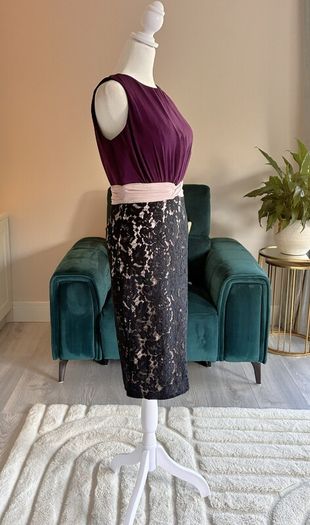 Ladies Sleeveless Pencil Dress Purple Bodice, with Black Floral Lace Skirt from Little Mistress